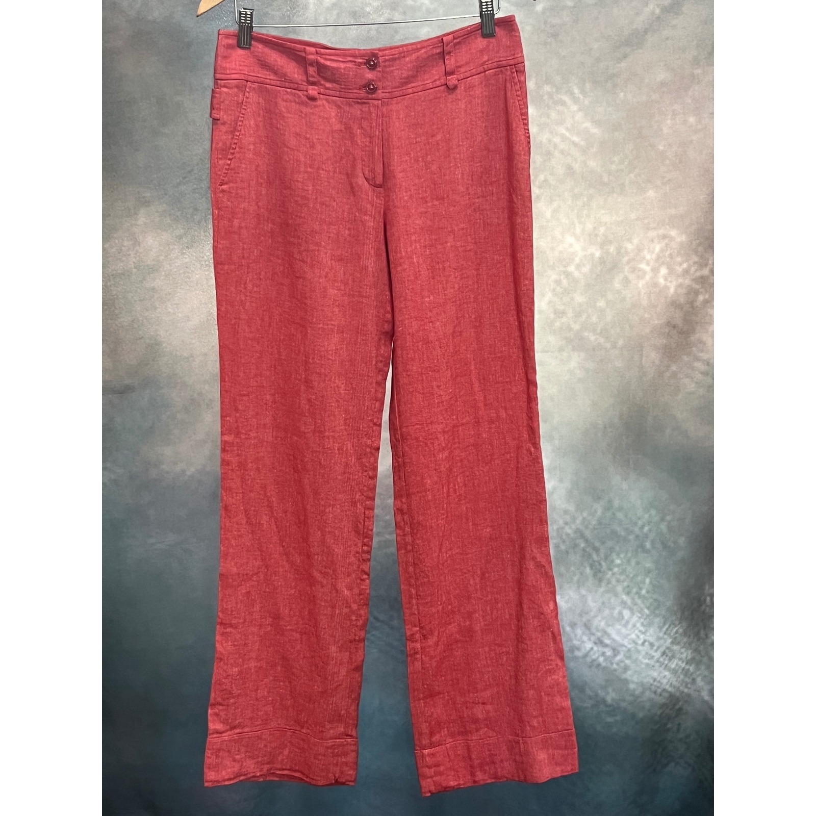 Etcetera Red Linen Blend Wide Leg Trousers Pants Size 8 Double Button Waist